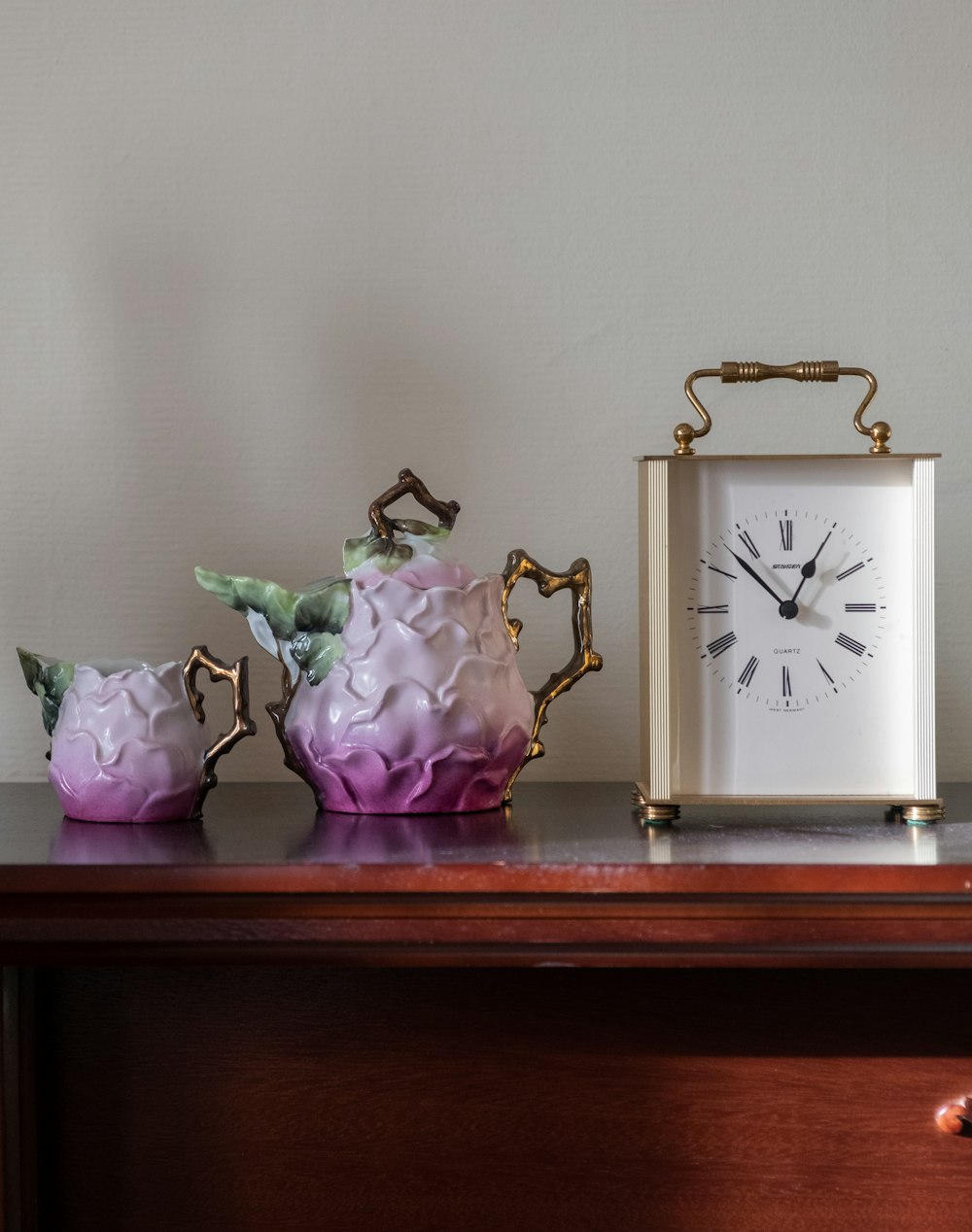 white and purple floral ceramic table clock