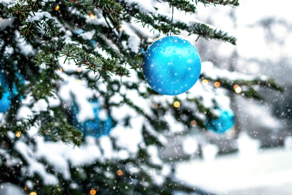 enfeite azul na árvore de Natal verde