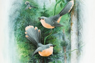 black and brown bird on tree branch painting