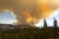 A vast forest landscape with tall trees in the foreground and distant mountains. A large, dense column of smoke rises into the sky, primarily comprising dark and orange hues, indicating a wildfire. The sky is partly cloudy with blue patches visible around the smoke.