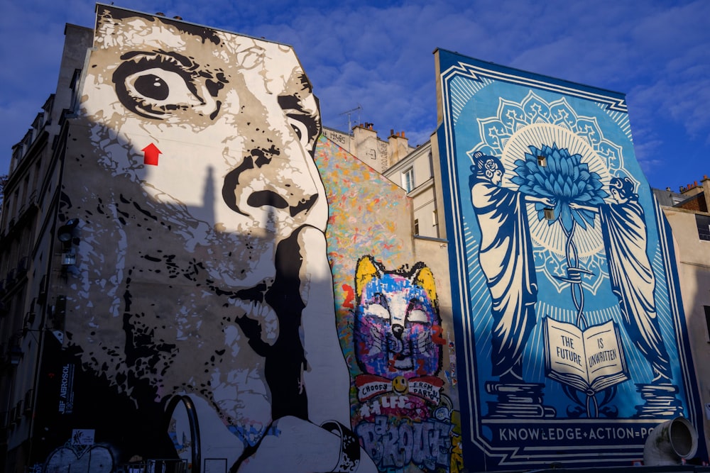 white blue and red graffiti