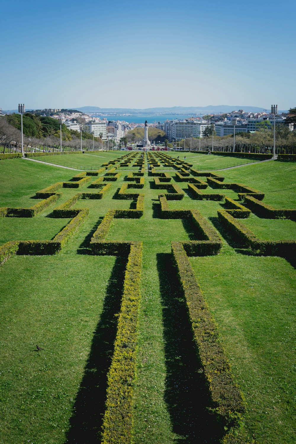 a large grassy field with a maze in the middle of it