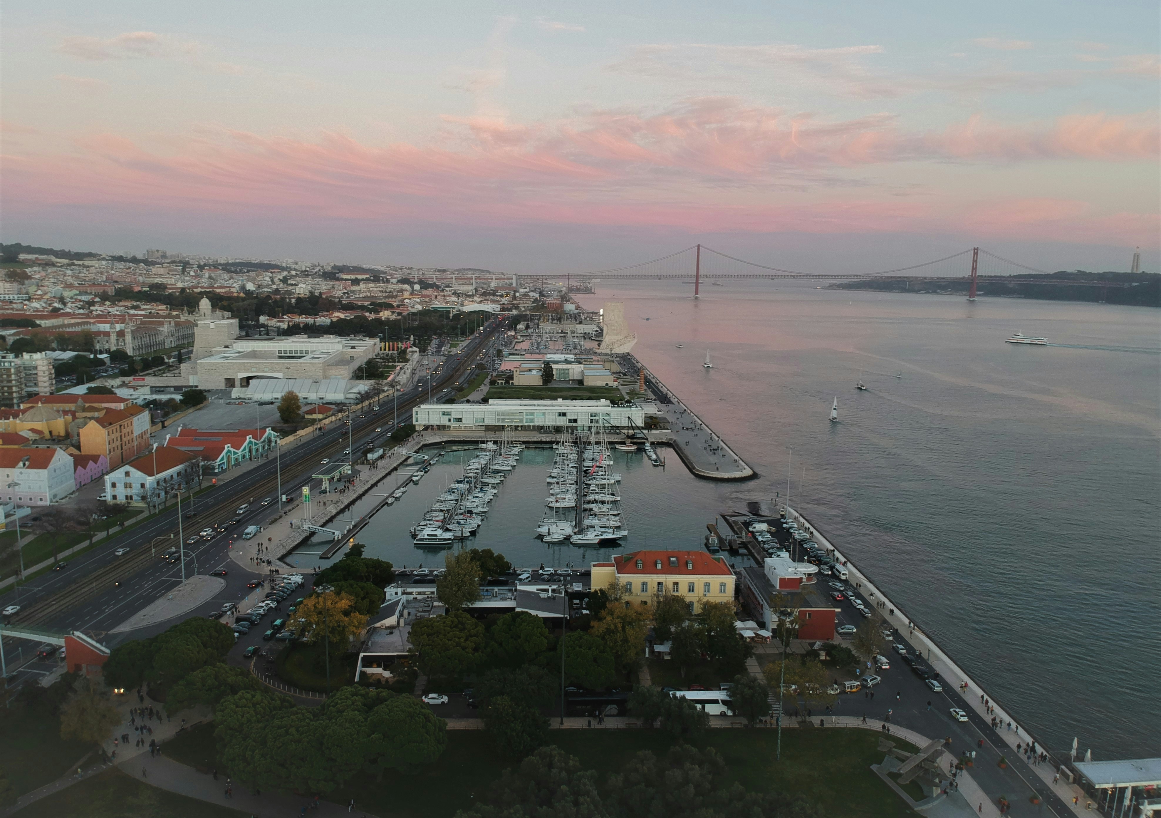 aerial view of city buildings near body of water during daytime