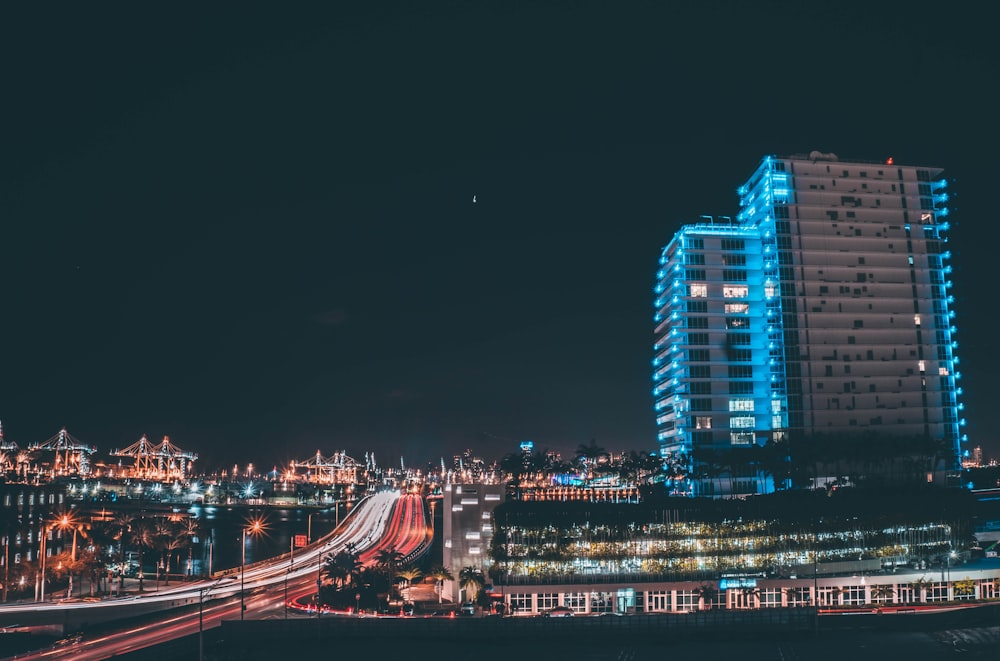 city skyline during night time