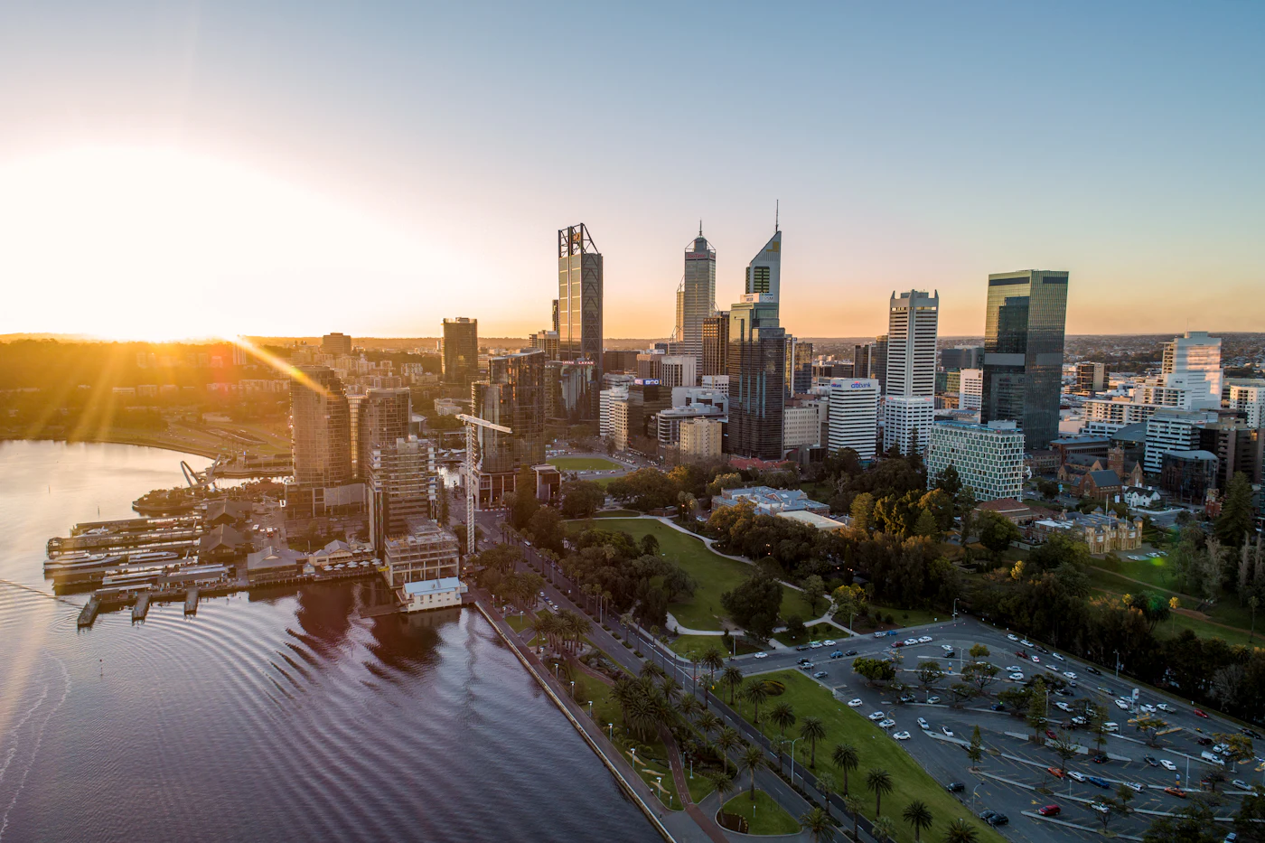 Perth city buildings beside the Swan River, Western Australia