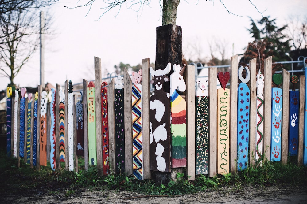 multi colored wooden fence near trees during daytime