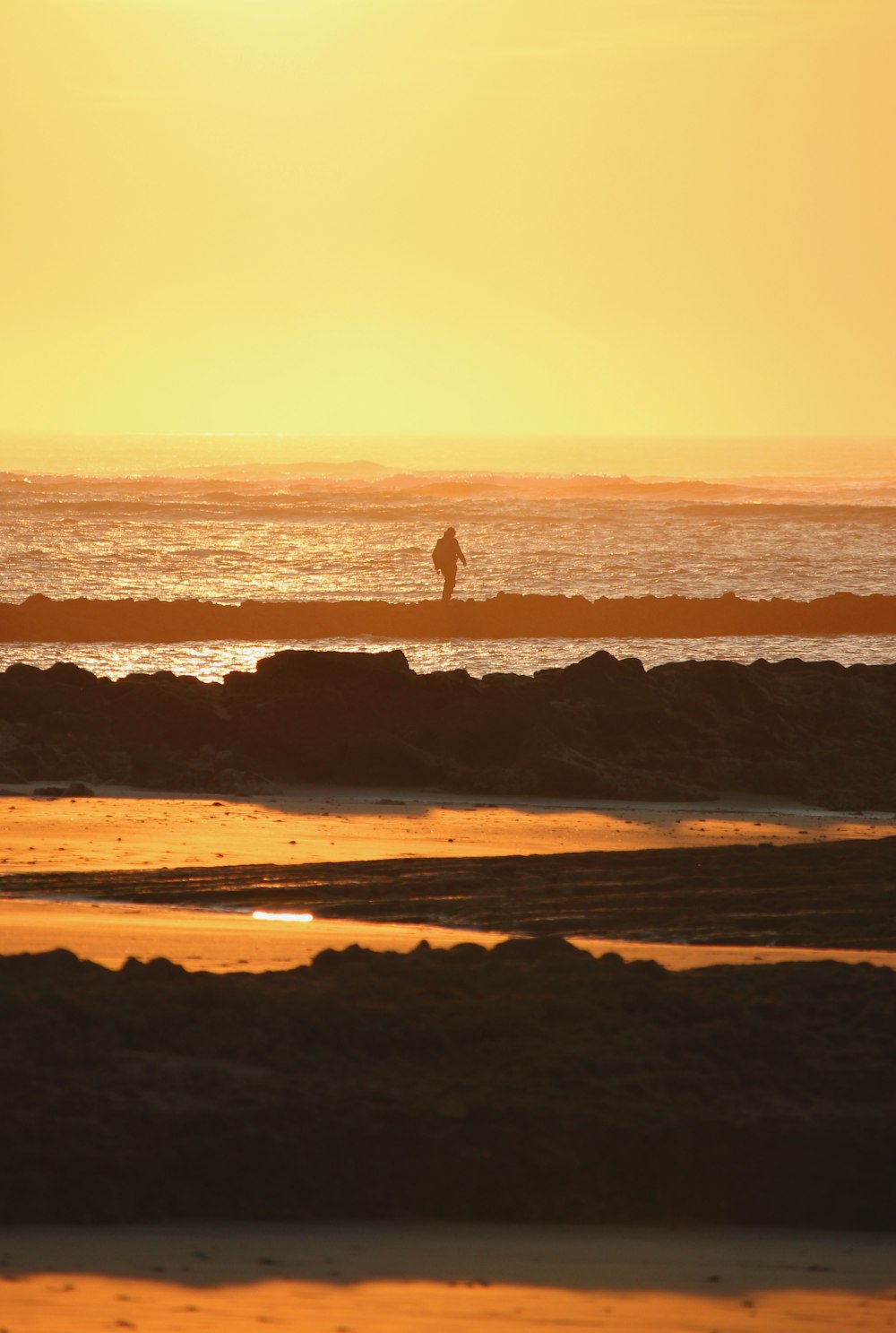 Persona de pie en la playa durante la puesta del sol