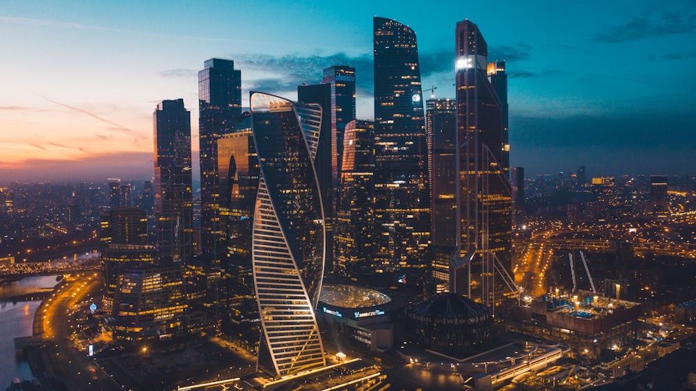 city skyline during night time