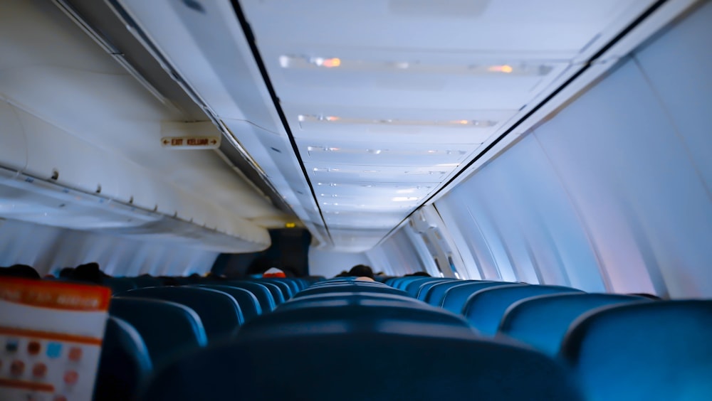 blue and white airplane seats