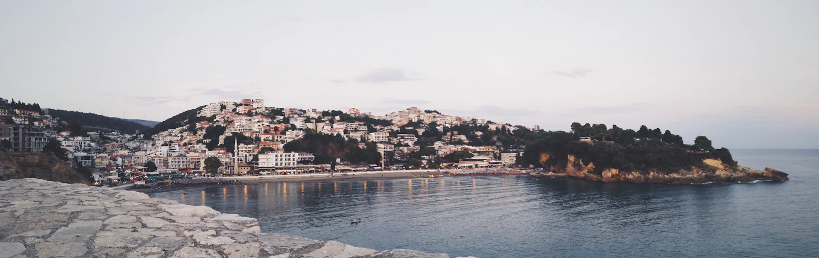 Ulcinj’s old town on its headland above the small beach and the bay
