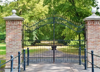 black metal gate near green trees during daytime