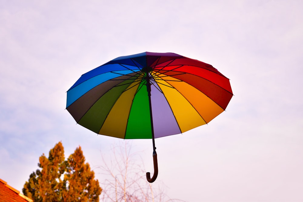 parapluie bleu, jaune et rouge