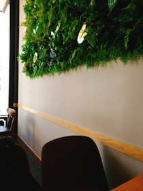A vertical garden with lush green plants covers part of a wall. Below it, there is a wooden chair pushed against a wooden rail that lines the wall. The room appears minimalistic with natural elements and subtle lighting.