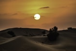 An ancient desert landscape at sunset with sand dunes and a caravan silhouette.