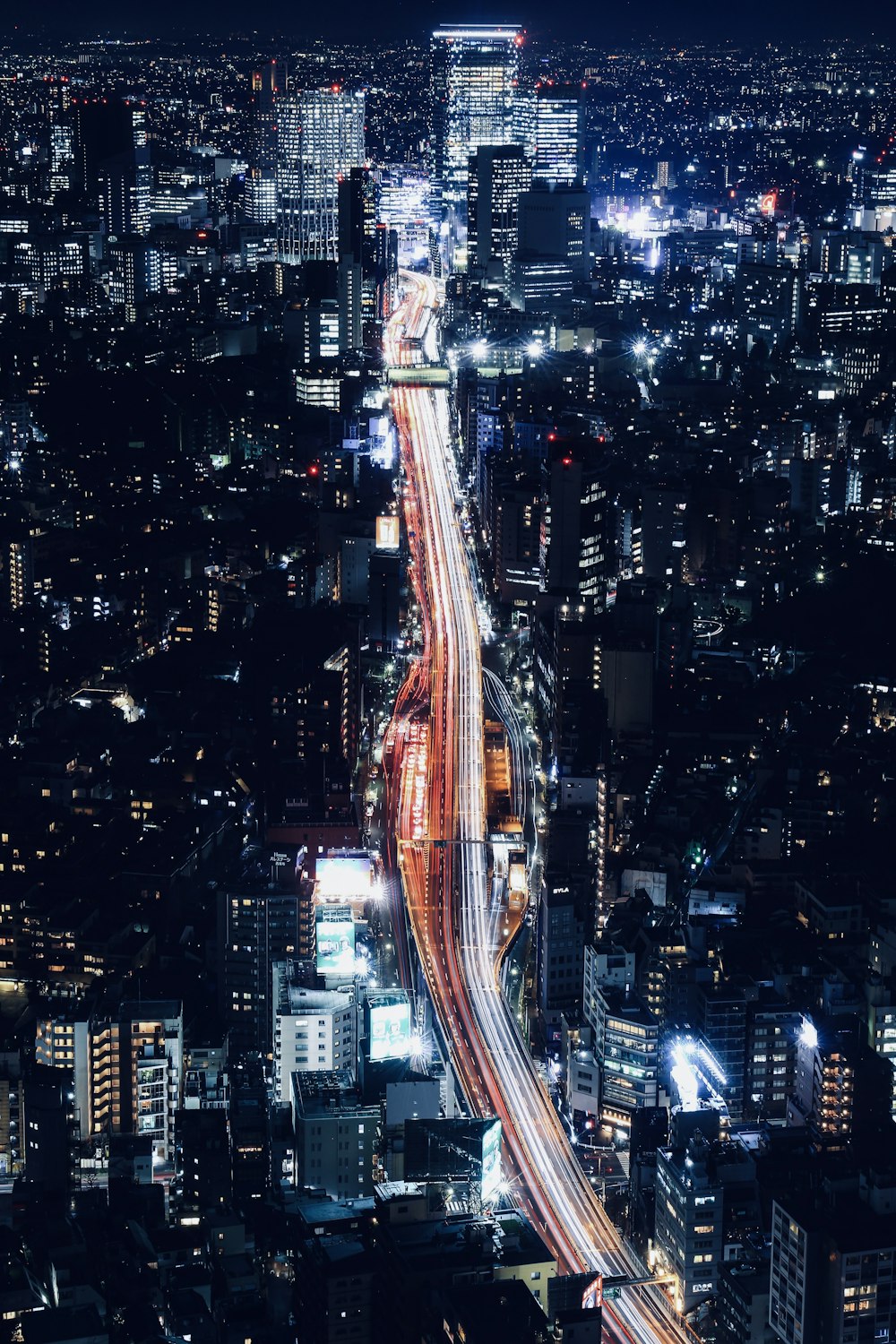 aerial view of city buildings during night time