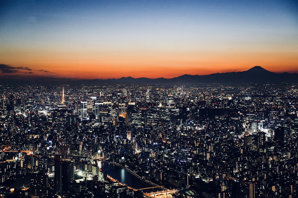 aerial view of city during sunset