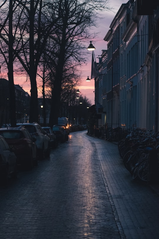 cars parked on side of the road during night time in Delft Netherlands