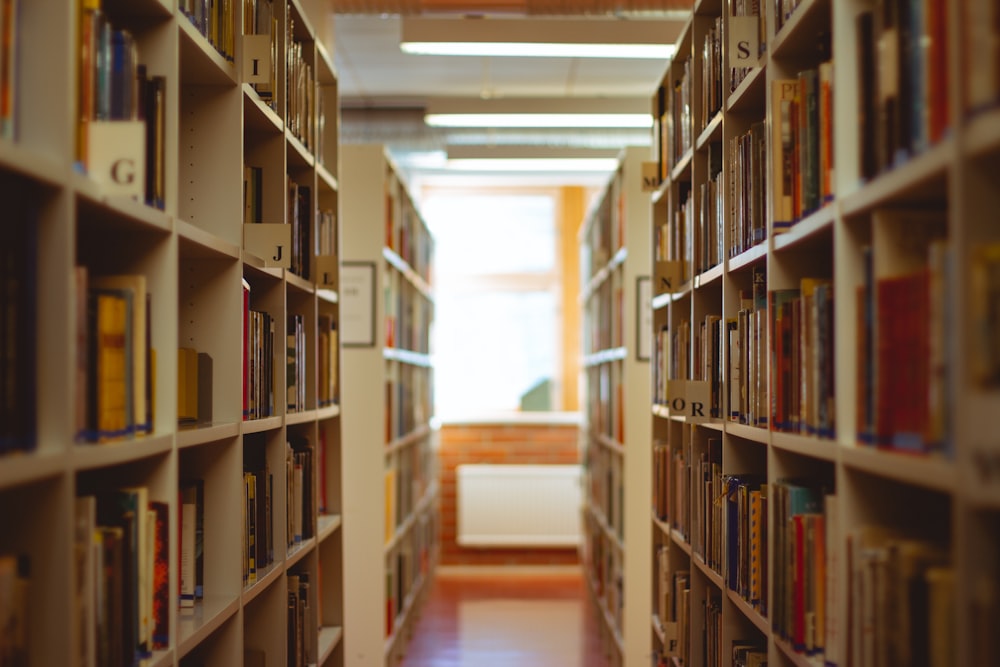 brown wooden book shelves in room