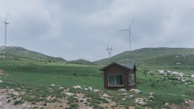 A small wooden hut is situated in a vast green landscape with rolling hills. Two large wind turbines tower over the scene in the background, along with utility poles that run across the hills. The sky is overcast, adding a muted tone to the setting.