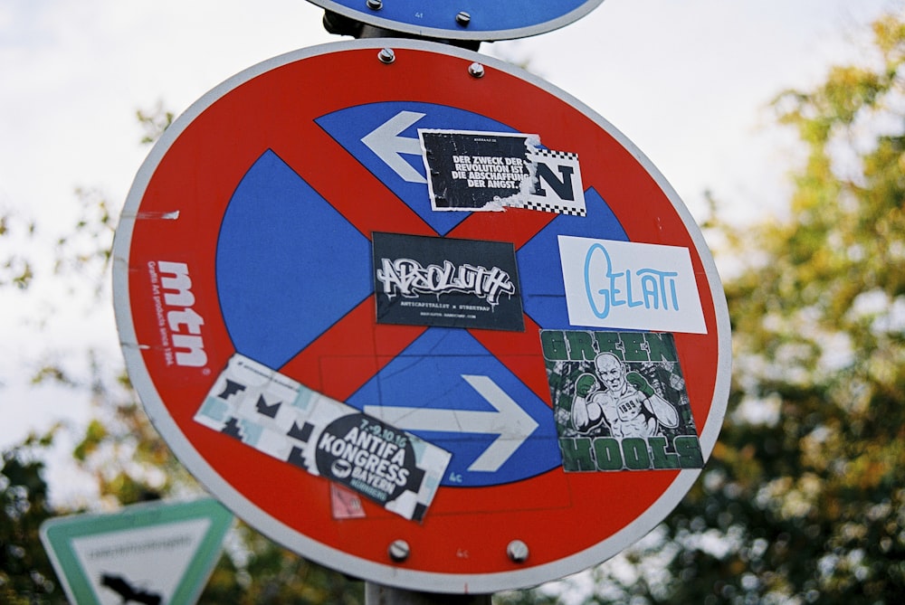 red white and blue round signage