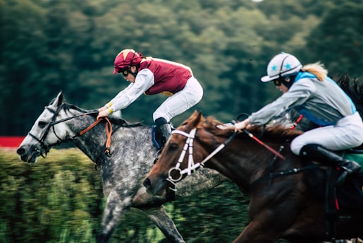 Two jockeys race side by side on horseback, focusing intently on the finish line. The horse on the left is gray, ridden by a jockey in a red outfit with a helmet. The horse on the right is brown, ridden by a jockey dressed in a light-colored suit and helmet. The background is a blurred green, indicating motion and speed.