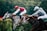 Two jockeys race side by side on horseback, focusing intently on the finish line. The horse on the left is gray, ridden by a jockey in a red outfit with a helmet. The horse on the right is brown, ridden by a jockey dressed in a light-colored suit and helmet. The background is a blurred green, indicating motion and speed.