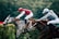Two jockeys race side by side on horseback, focusing intently on the finish line. The horse on the left is gray, ridden by a jockey in a red outfit with a helmet. The horse on the right is brown, ridden by a jockey dressed in a light-colored suit and helmet. The background is a blurred green, indicating motion and speed.