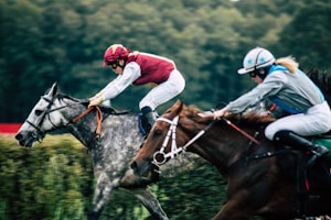 Two jockeys race side by side on horseback, focusing intently on the finish line. The horse on the left is gray, ridden by a jockey in a red outfit with a helmet. The horse on the right is brown, ridden by a jockey dressed in a light-colored suit and helmet. The background is a blurred green, indicating motion and speed.