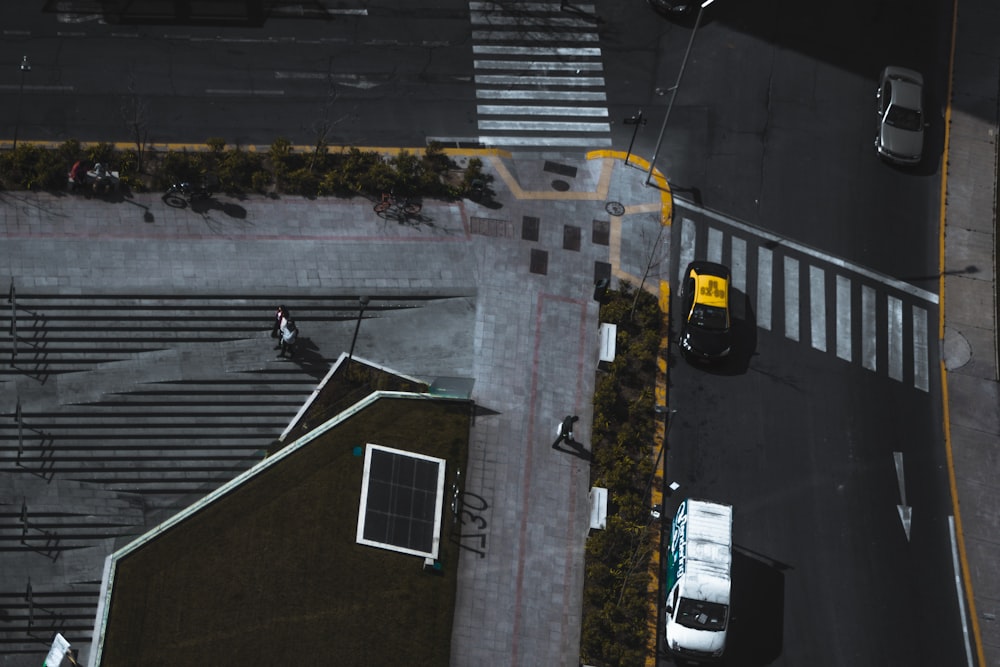 an aerial view of a parking lot and a parking lot