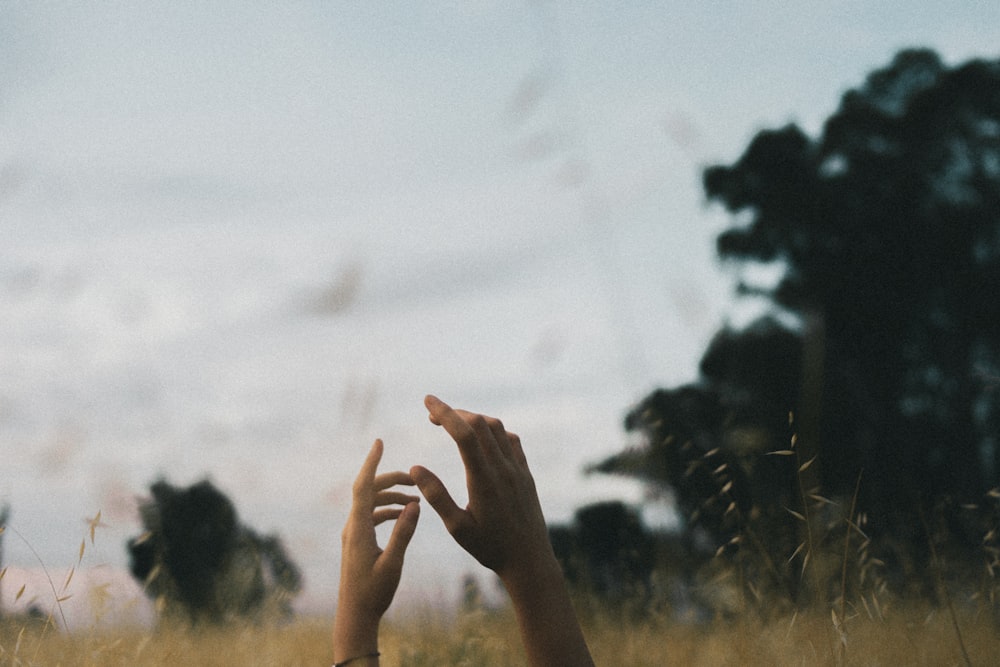 a person reaching up into the air in a field