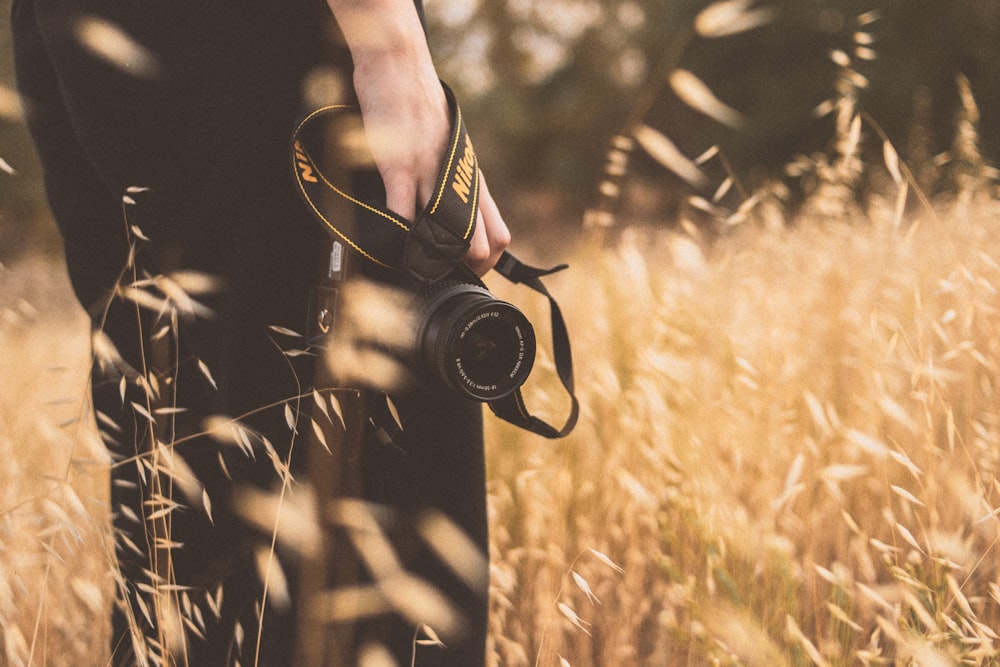 a person holding a camera in a field of tall grass