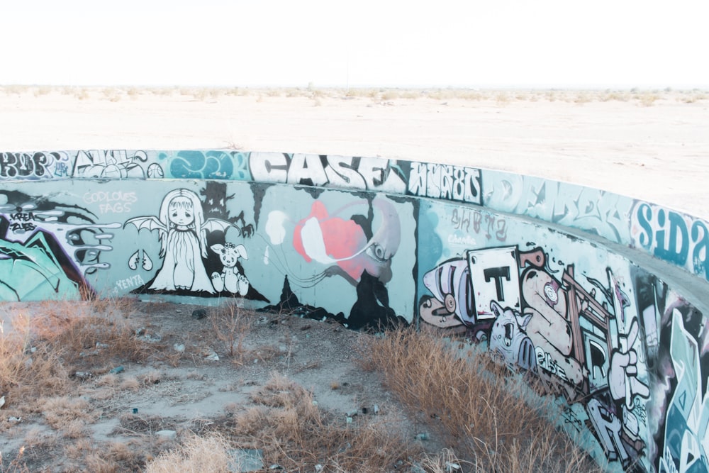 a wall covered in graffiti next to a dry grass field