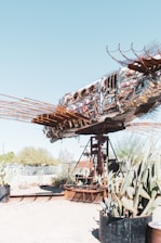 A large, intricate metal sculpture resembling a fish is mounted on a platform outdoors. The sculpture is constructed using a variety of metal scraps and wire, giving it a recycled and artistic appearance. Surrounding the sculpture are various desert plants, including cacti, situated in large pots.