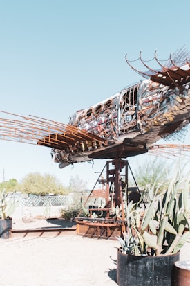 A large, intricate metal sculpture resembling a fish is mounted on a platform outdoors. The sculpture is constructed using a variety of metal scraps and wire, giving it a recycled and artistic appearance. Surrounding the sculpture are various desert plants, including cacti, situated in large pots.