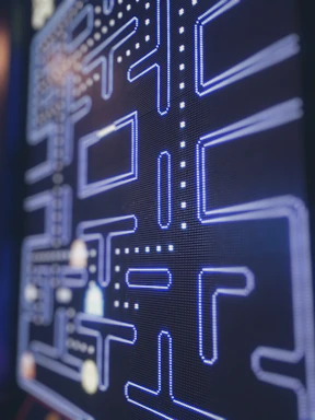A retro neon-lit arcade joystick glowing against a dark background with pixel art elements.