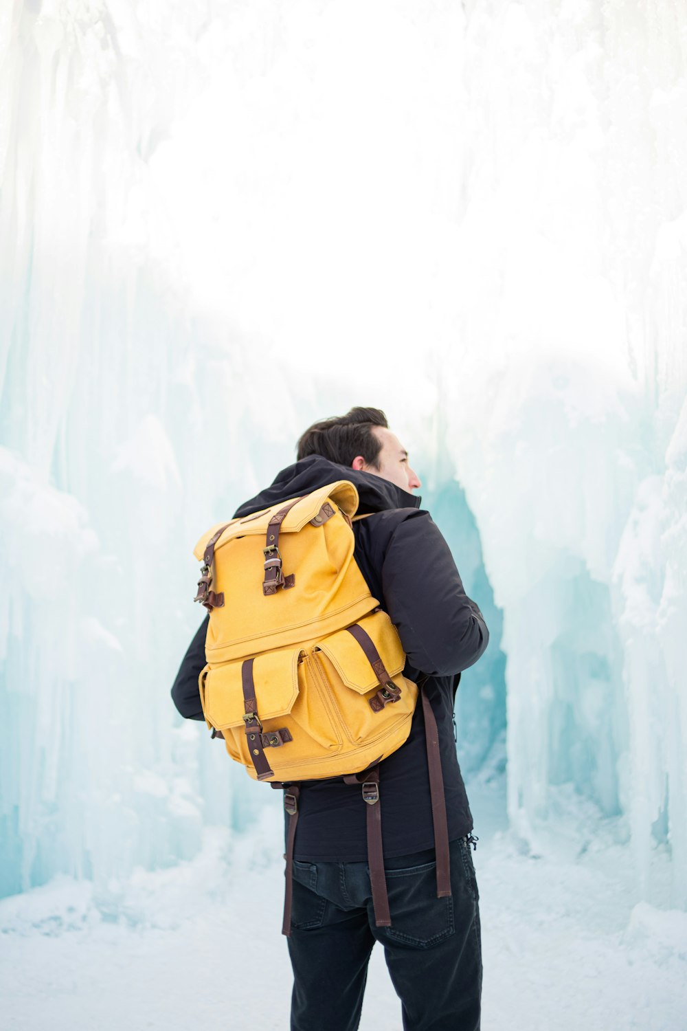 man in black jacket and brown backpack standing on foggy forest during daytime