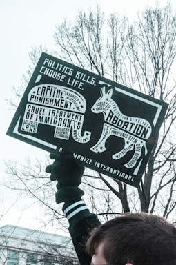 A person holds a protest sign with various political messages including themes of capital punishment, abortion, and immigration. The sign is shaped like a donkey and contains text advocating against certain political actions. Bare tree branches and an overcast sky form the background.
