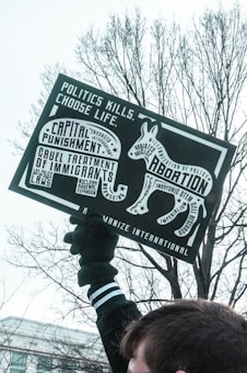 A person holds a protest sign with various political messages including themes of capital punishment, abortion, and immigration. The sign is shaped like a donkey and contains text advocating against certain political actions. Bare tree branches and an overcast sky form the background.