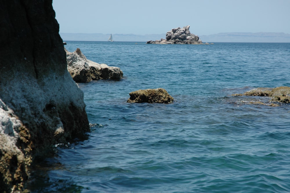 a body of water with rocks in the middle of it