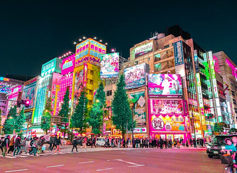 Akihabara Electric Town neon signs and anime shops at night in Tokyo