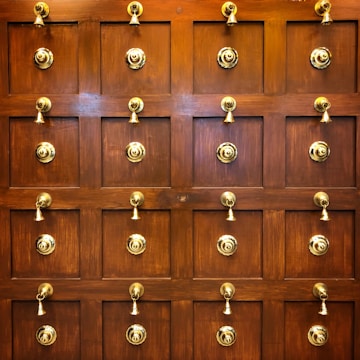 A wooden door with multiple square panels, each adorned with ornate, golden circular designs and small bell-like decorations. The wood has a rich, warm tone that contrasts with the gleaming metallic elements.