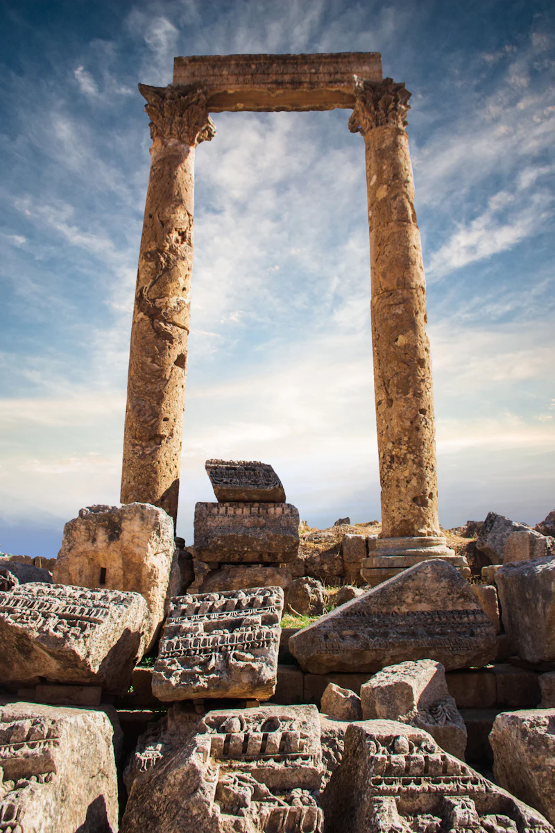 Ancient stone columns under a blue sky
