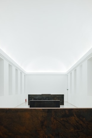 A minimalist interior space with stark white walls and ceiling. The room features a central dark-colored rectangular structure and another similar structure in the foreground. Subtle architectural details and lighting create a serene and spacious atmosphere.