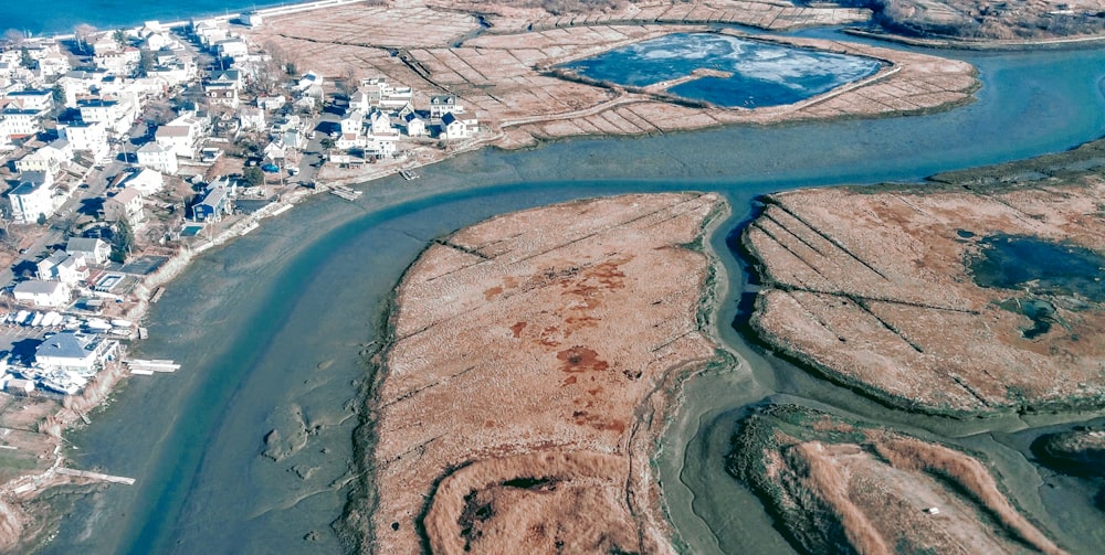 an aerial view of a river running through a city