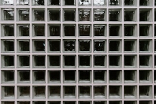 A grid of square glass blocks, each framed by white borders. The glass blocks are translucent with a textured surface, creating a pattern of reflections and refractions. The overall appearance is uniform and geometric, with a modern architectural style.