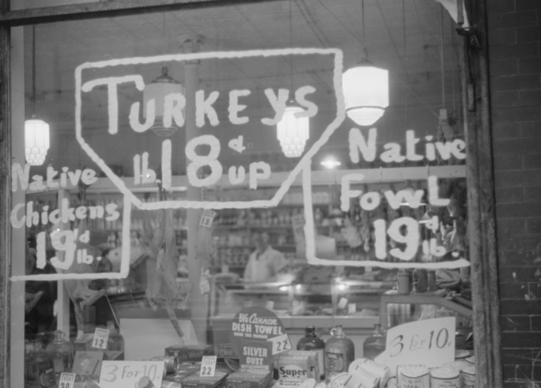 A butcher shop window at Thanksgiving time