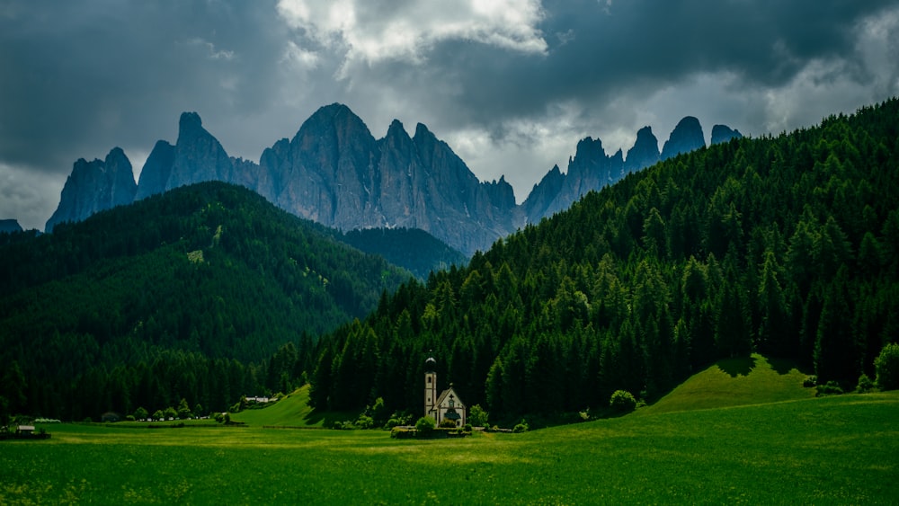 campo di erba verde vicino agli alberi verdi e alla montagna sotto il cielo nuvoloso durante il giorno