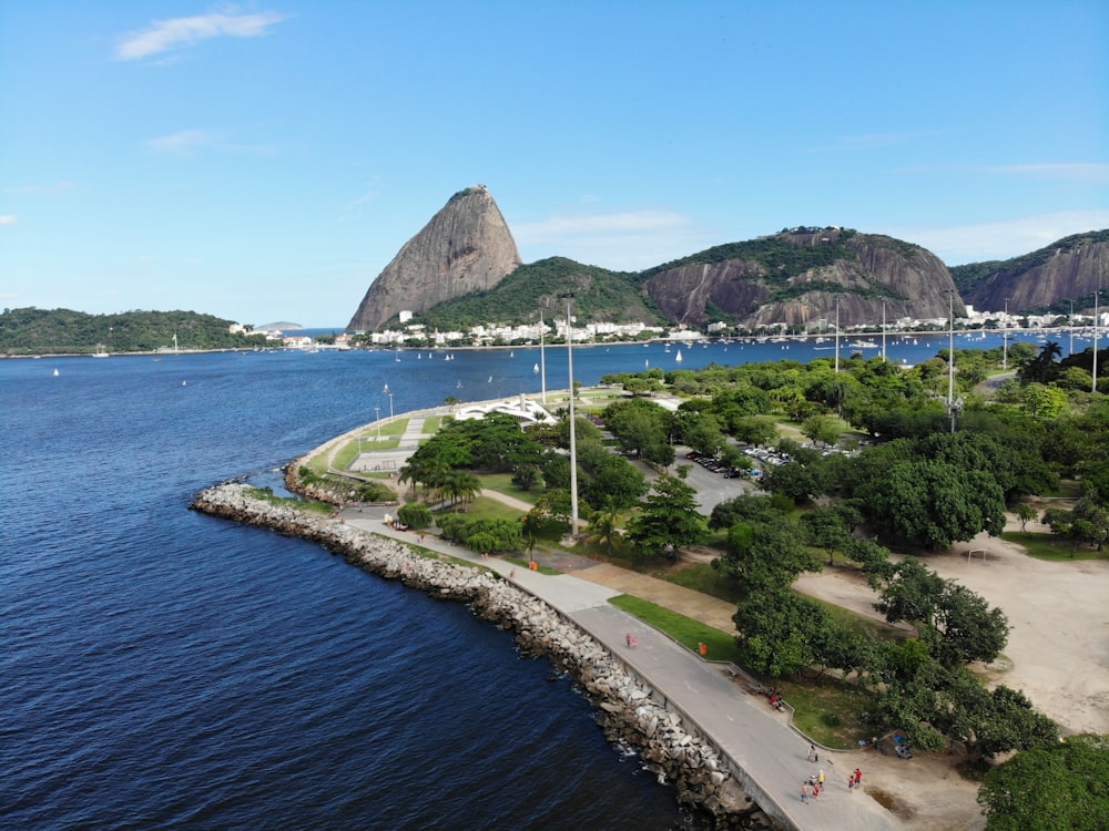 a large body of water next to a lush green hillside