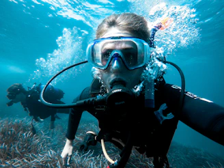 person in black and white diving suit wearing goggles
