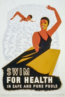 A vintage poster features two swimmers. The foreground swimmer, a woman, is smiling and holding a kickboard, wearing a black swimsuit and swim cap. In the background, a male swimmer is depicted in mid-swim with an arm reaching forward. Wavy water patterns surround both figures, creating a sense of motion. The text at the bottom promotes swimming for health in safe and pure pools.